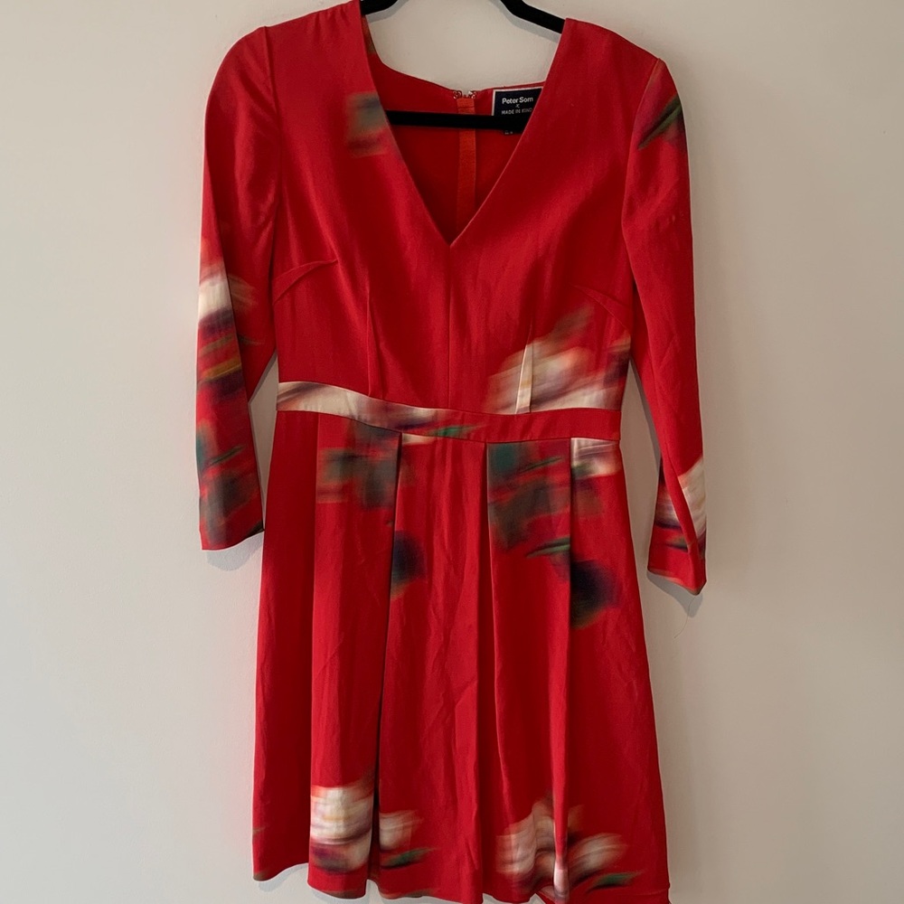 Peter Som Made in Kind sz 6 Red and Multicolor 3/4 Sleeve Dress retro fit